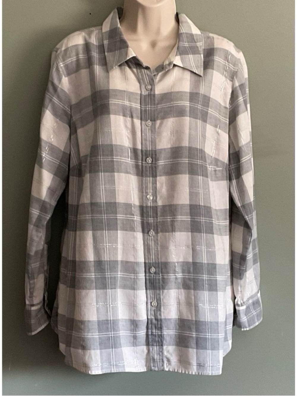 Talbots Long Sleeve button Blouse Sz.1X Silver Metallic Flannel "Chimney Plaid"